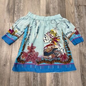 Misha Lakhani Bohemian Off-Shoulder Silk Top with Tribal Print